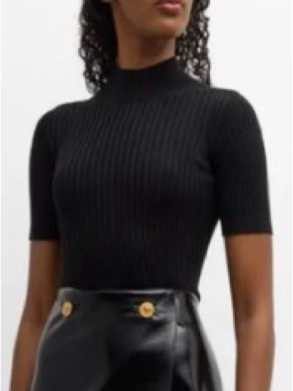 Black Short-Sleeve Ribbed Mock Neck Top